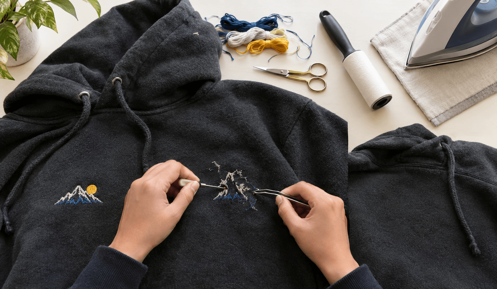 Removing embroidery from a hoodie with a seam ripper and tweezers
