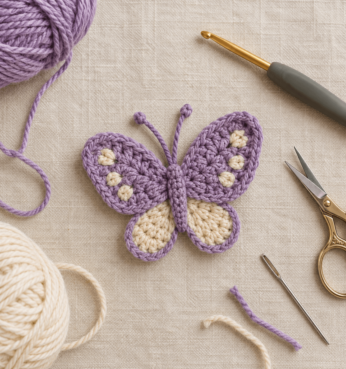 Crochet butterfly appliqué with four wings, a small body, and antennae made from colorful yarn.