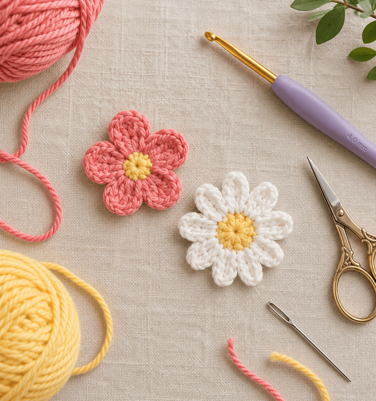 Crochet flower appliqués showing a five-petal flower and a white daisy made with colorful yarn.