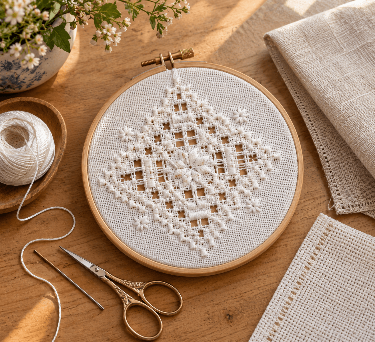 What kind of fabric is used for Hardanger embroidery?