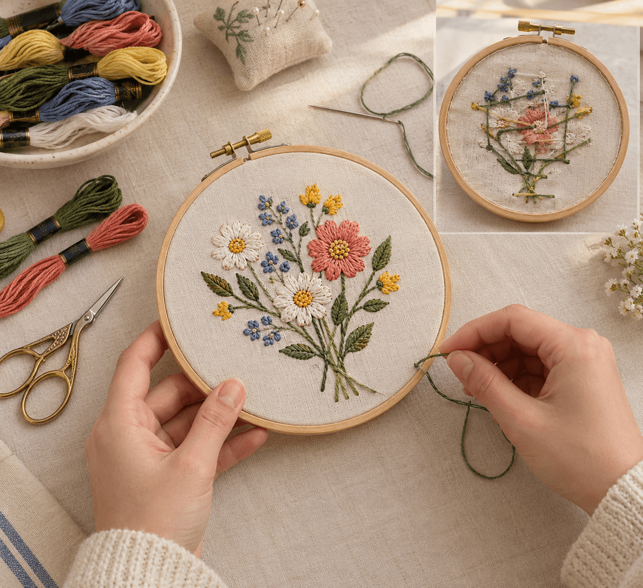 Embroidery hoop with neatly secured stitches and thread ends woven into the back of the fabric