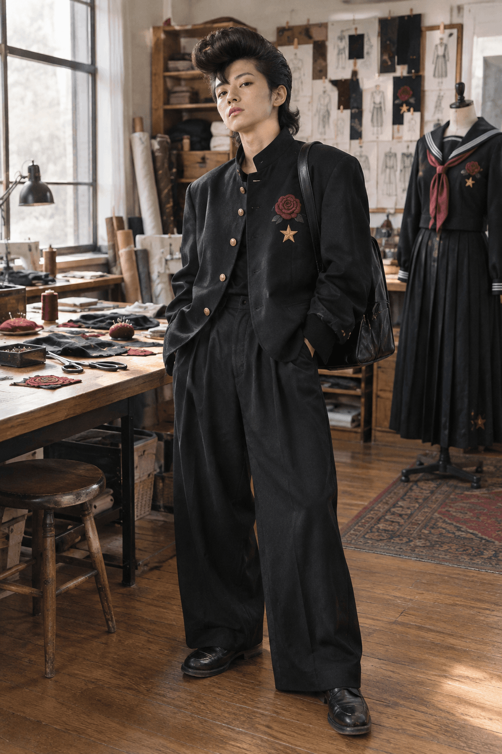 Japanese delinquent cosplay outfit with a black school uniform and appliqué patches